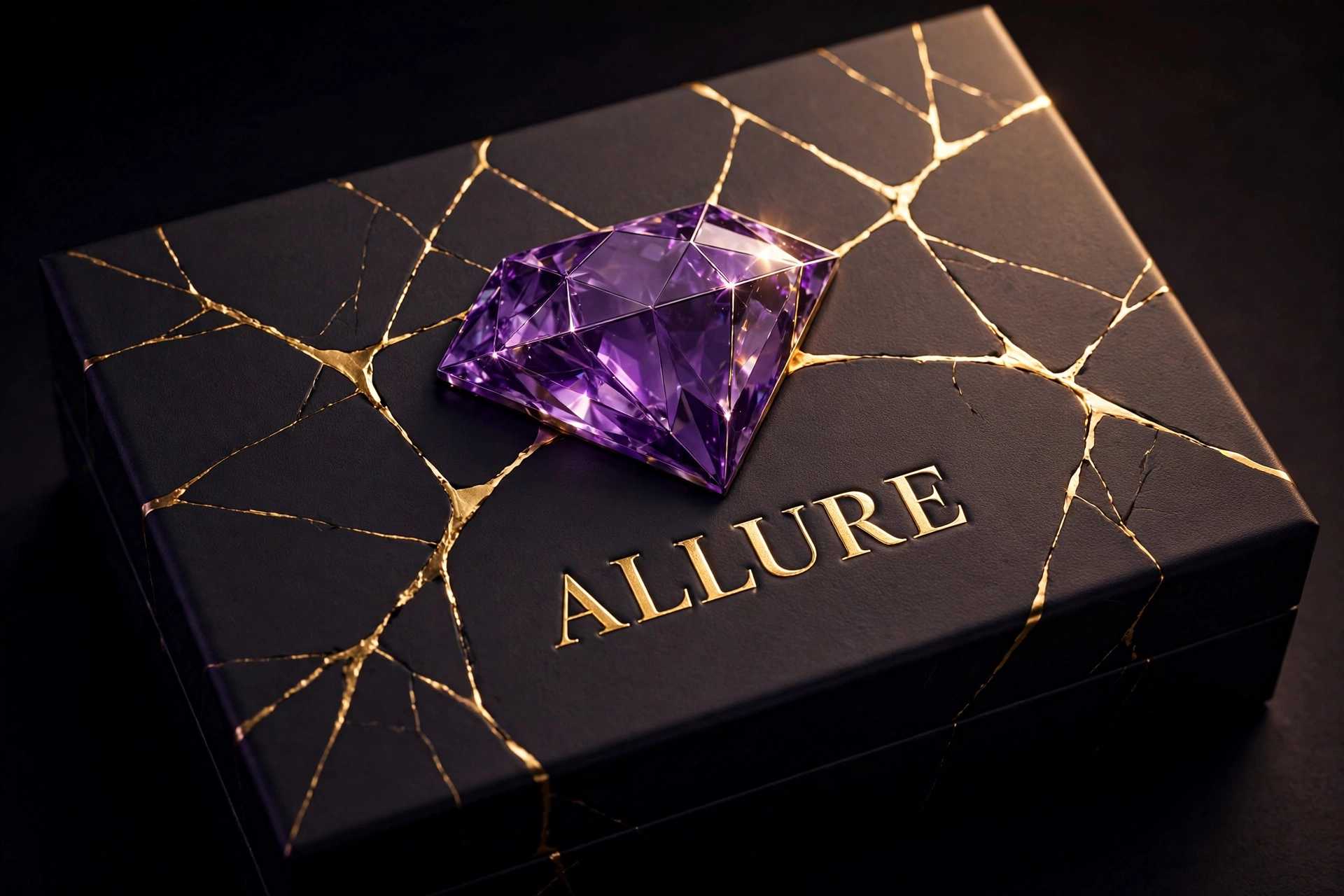 Concept rendering of the closed black Allure keepsake box with gold-repair seams and a dimensional amethyst diamond
