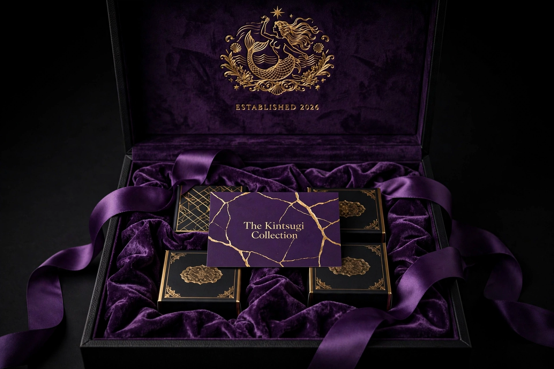 Concept rendering of the open matte-black Allure keepsake box with purple velvet interior and Kintsugi Collection card