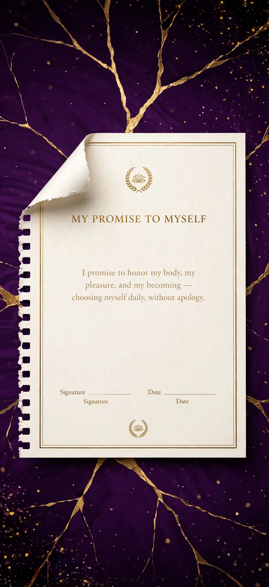 Concept rendering of the signed My Promise to Myself keepsake card on a purple and gold-repair background