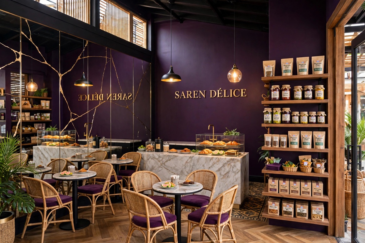 Concept rendering of the SAREN DÉLICE café interior: amethyst walls, SAREN DÉLICE in gold letters, marble counter, rattan chairs and the market shelf