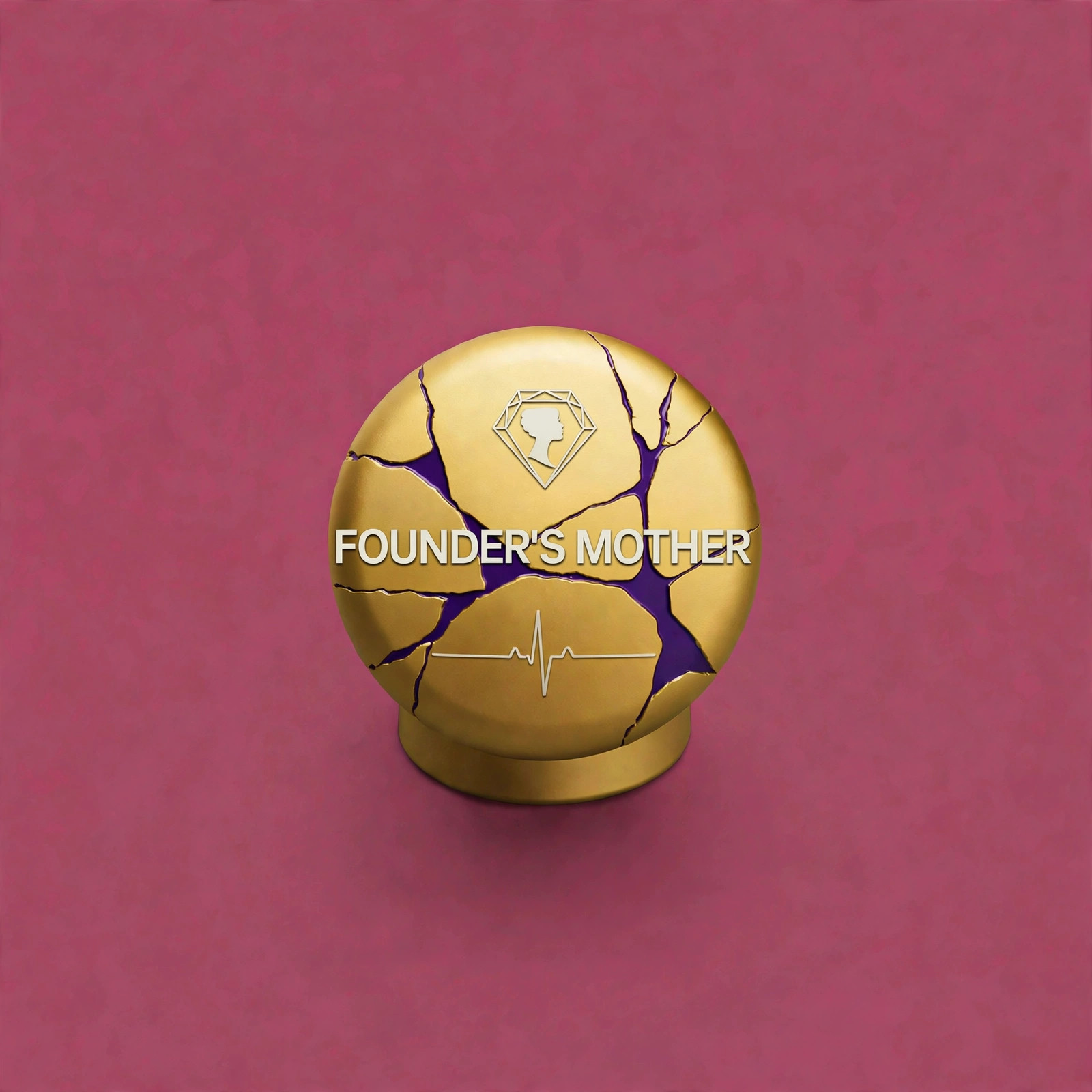 Uncropped gold Founder’s Mother memorial emblem with diamond profile mark, heartbeat line and deep-purple gold-repair seams