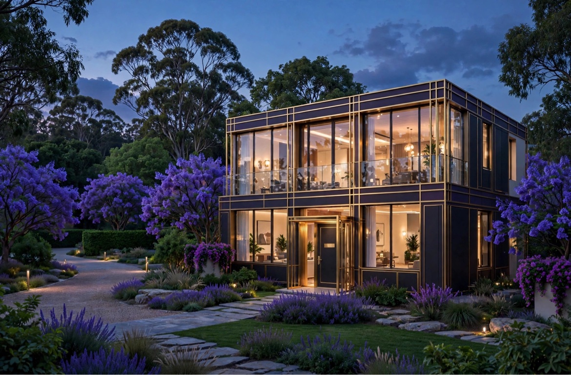 Concept rendering of the planned two-story glass-fronted Founder’s Residence at dusk: dark panels with gold trim, full-height windows, landscaped gardens and purple flowering trees on the Panola Road campus