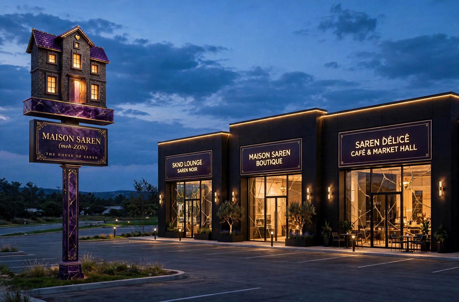 Concept rendering of Hairston Center at dusk, the anchor first home: the locked MAISON SAREN pylon sign with its stone house lit from inside, and the three storefronts — SKND LOUNGE, MAISON SAREN BOUTIQUE and SAREN DÉLICE Café & Market Hall