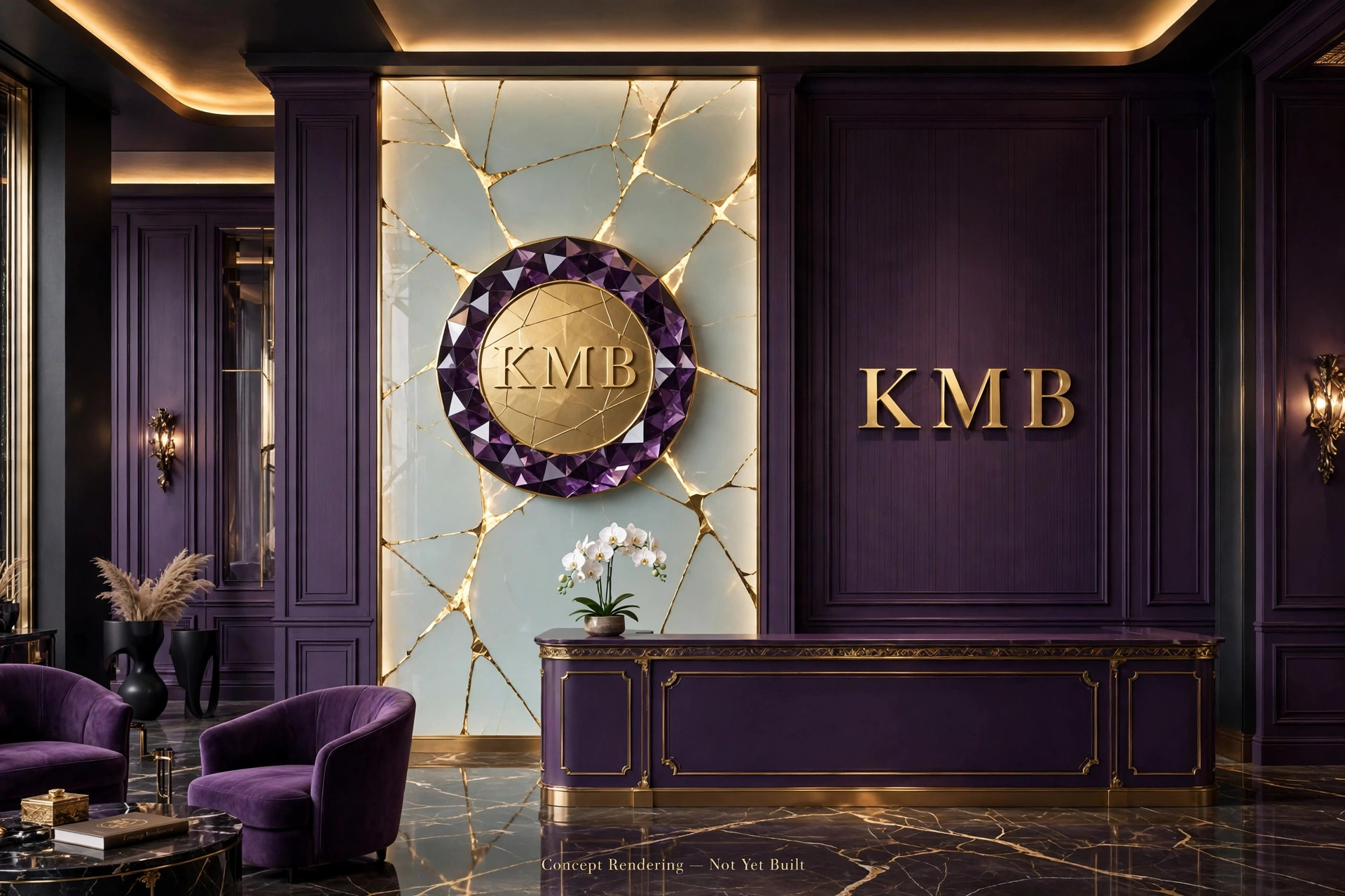 Concept rendering of the planned KMB Residence lobby: a gold KMB medallion set into a backlit kintsugi-glass entry wall behind a deep-purple reception desk, with gold KMB wall letters