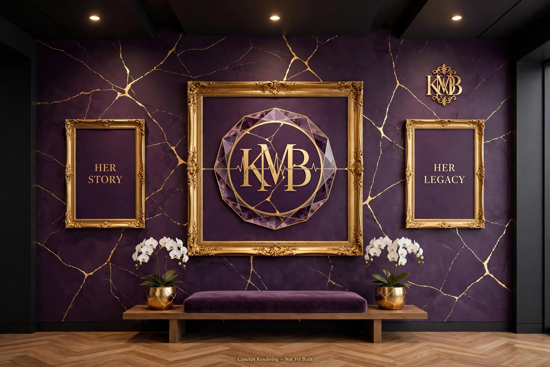 Concept rendering of the planned memorial wall inside the KMB Residence: a framed gold KMB medallion artwork centered on a deep-purple wall with gold kintsugi seams, flanked by two framed panels — Her Story and Her Legacy — with white orchids and a bench below