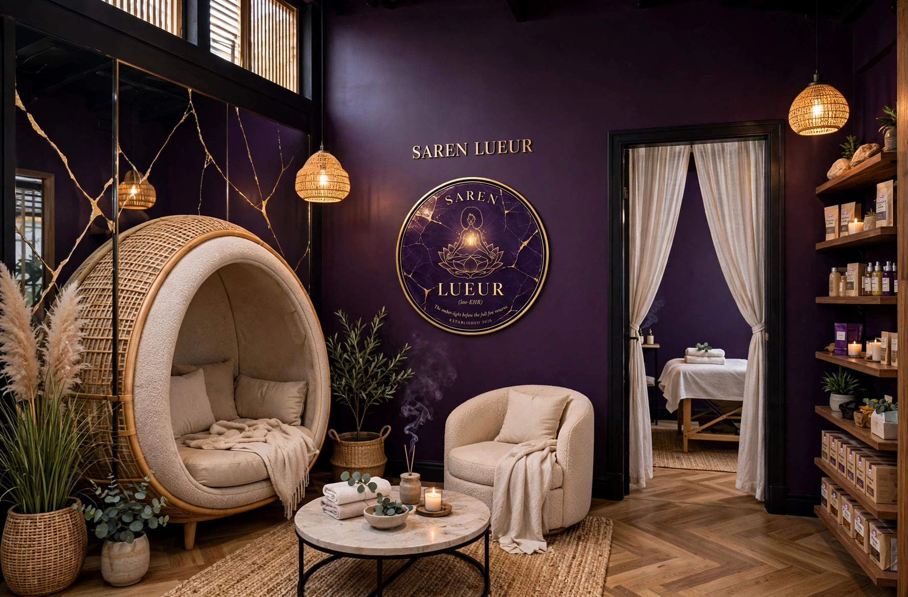 Concept rendering of the SAREN LUEUR wellness interior: the LUEUR seal on an amethyst wall, a wellness pod chair and the treatment-room doorway