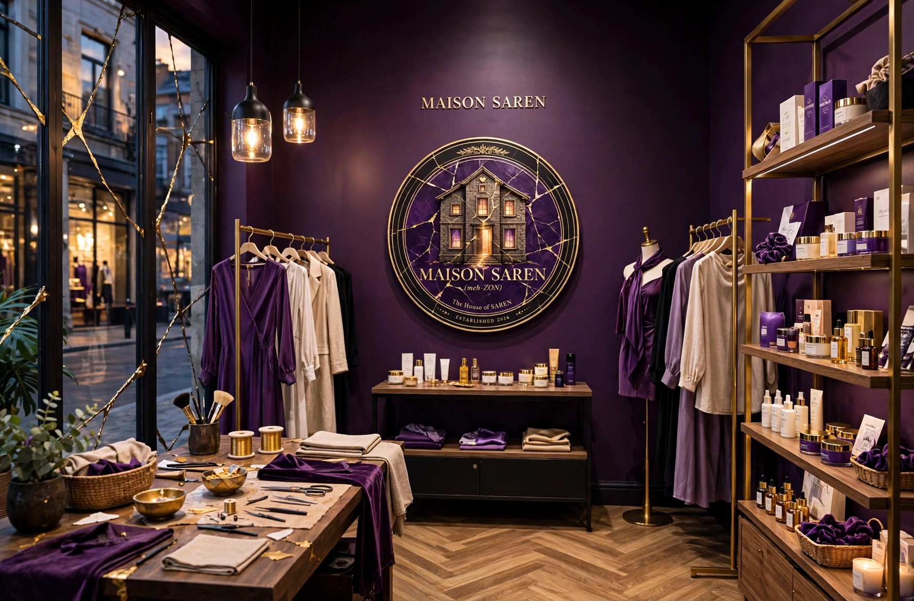 Concept rendering of the Maison SAREN boutique interior: deep amethyst walls, the Maison seal as a medallion on the wall, clothing and beauty displays and the kintsugi mending table
