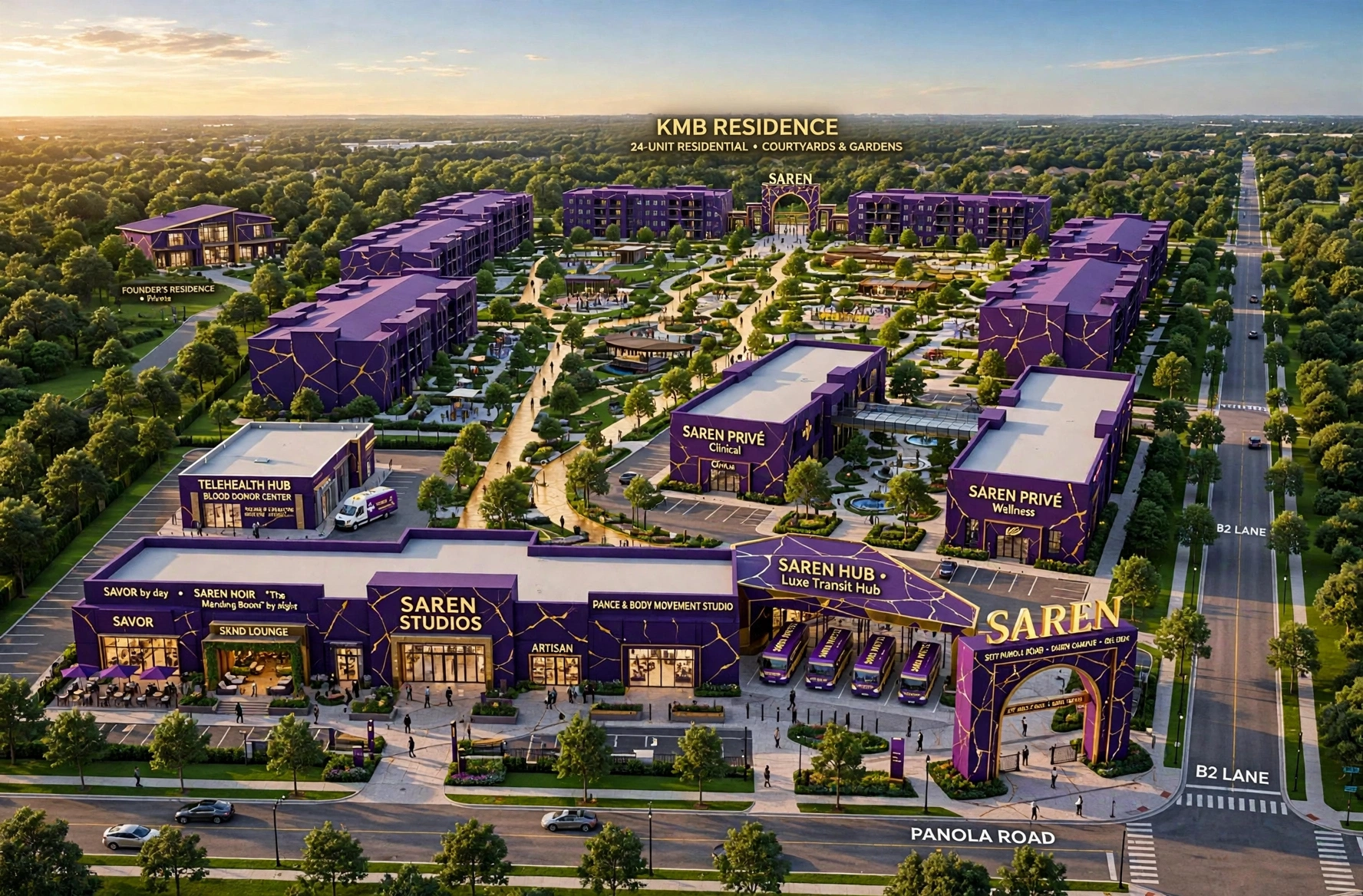 Aerial concept rendering of the planned SAREN campus on Panola Road in Lithonia: SAREN Studios with SAVOR by day and SAREN NOIR “The Mending Room” by night, SKND LOUNGE and the Dance & Body Movement studio; SAREN Privé clinical and wellness buildings; the Telehealth Hub and Blood Donor Center; the SAREN RELAIS Transit court; the 24-unit KMB Residence; and the private two-story Founder’s Residence on its own tree-screened corner