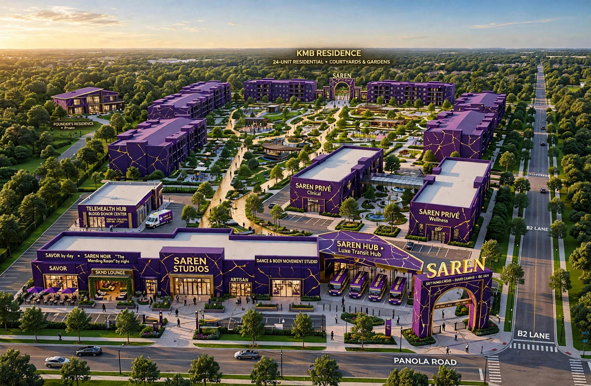 Aerial concept rendering of the full planned SAREN campus on Panola Road in Lithonia: the KMB Residence banner across the top, SAREN Studios with SAVOR by day and SAREN NOIR “The Mending Room” by night, SKND LOUNGE and the Dance & Body Movement studio, SAREN Privé clinical and wellness buildings, the Telehealth Hub and Blood Donor Center, the SAREN RELAIS Transit court, and the Founder’s Residence on its own tree-screened corner