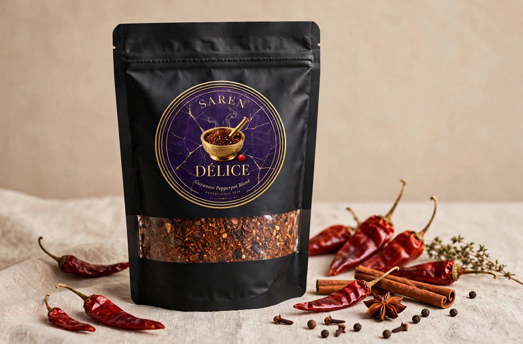 The SAREN DÉLICE Guyanese Pepperpot Blend pouch with its locked mortar label, styled with dried peppers and spices