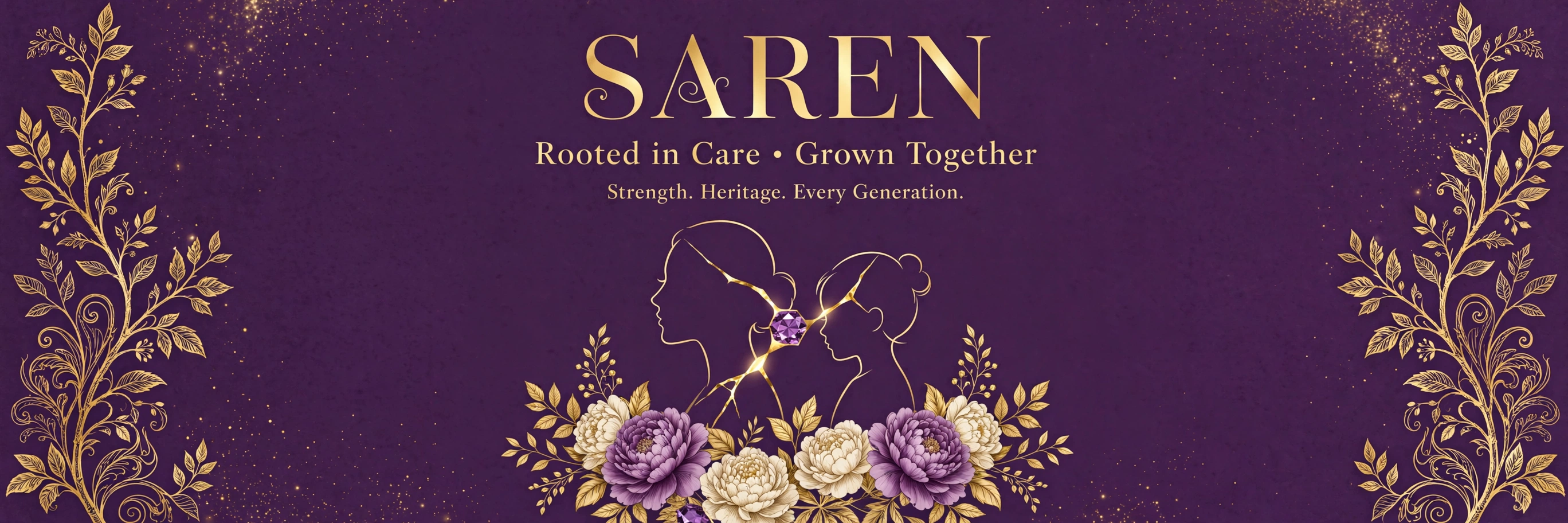 Purple-and-gold SAREN legacy artwork: gold line-art profiles of a mother and daughter joined by a kintsugi seam and an amethyst, beneath the words SAREN, Rooted in Care, Grown Together