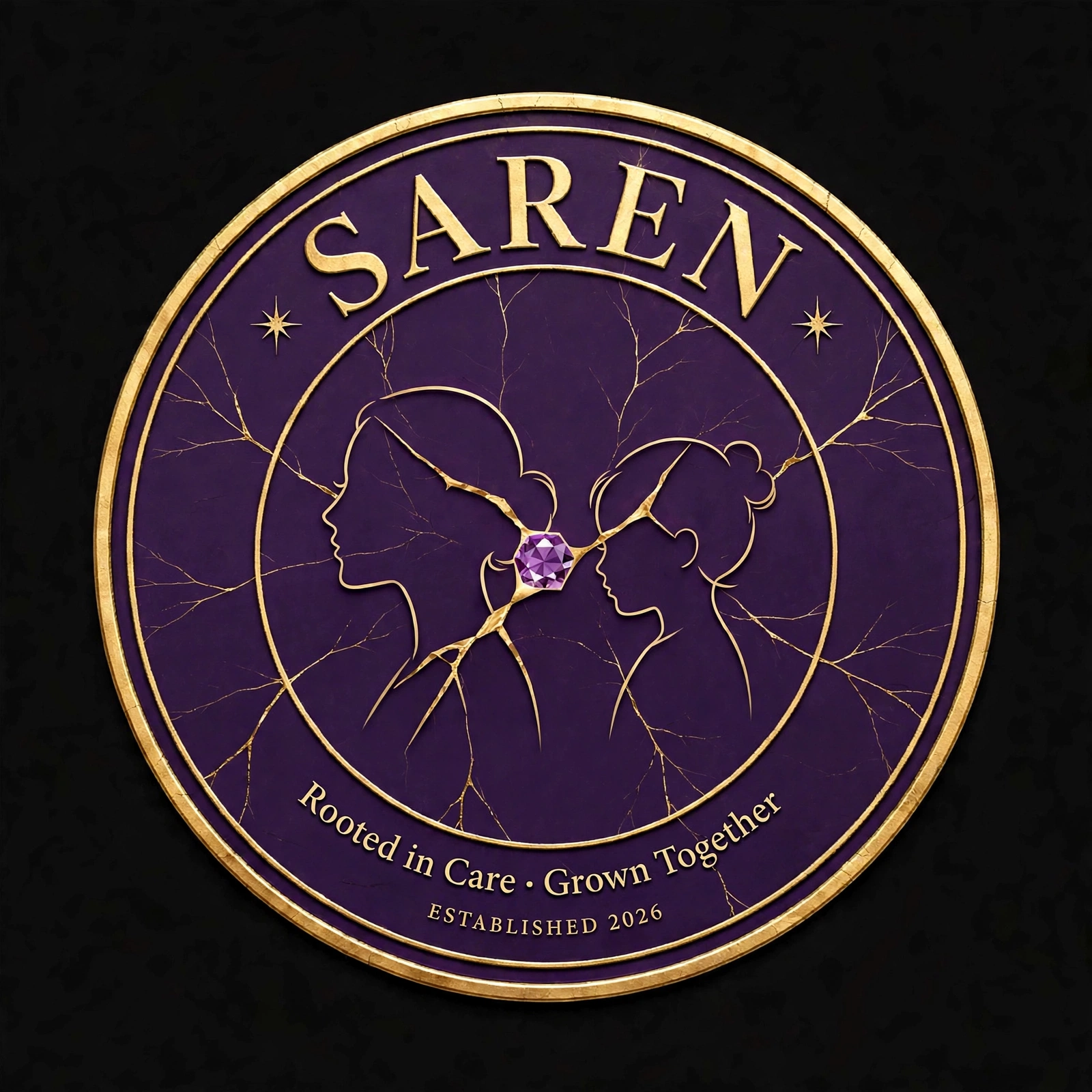 SAREN master seal — two gold-line profiles joined by an amethyst diamond, mended in gold