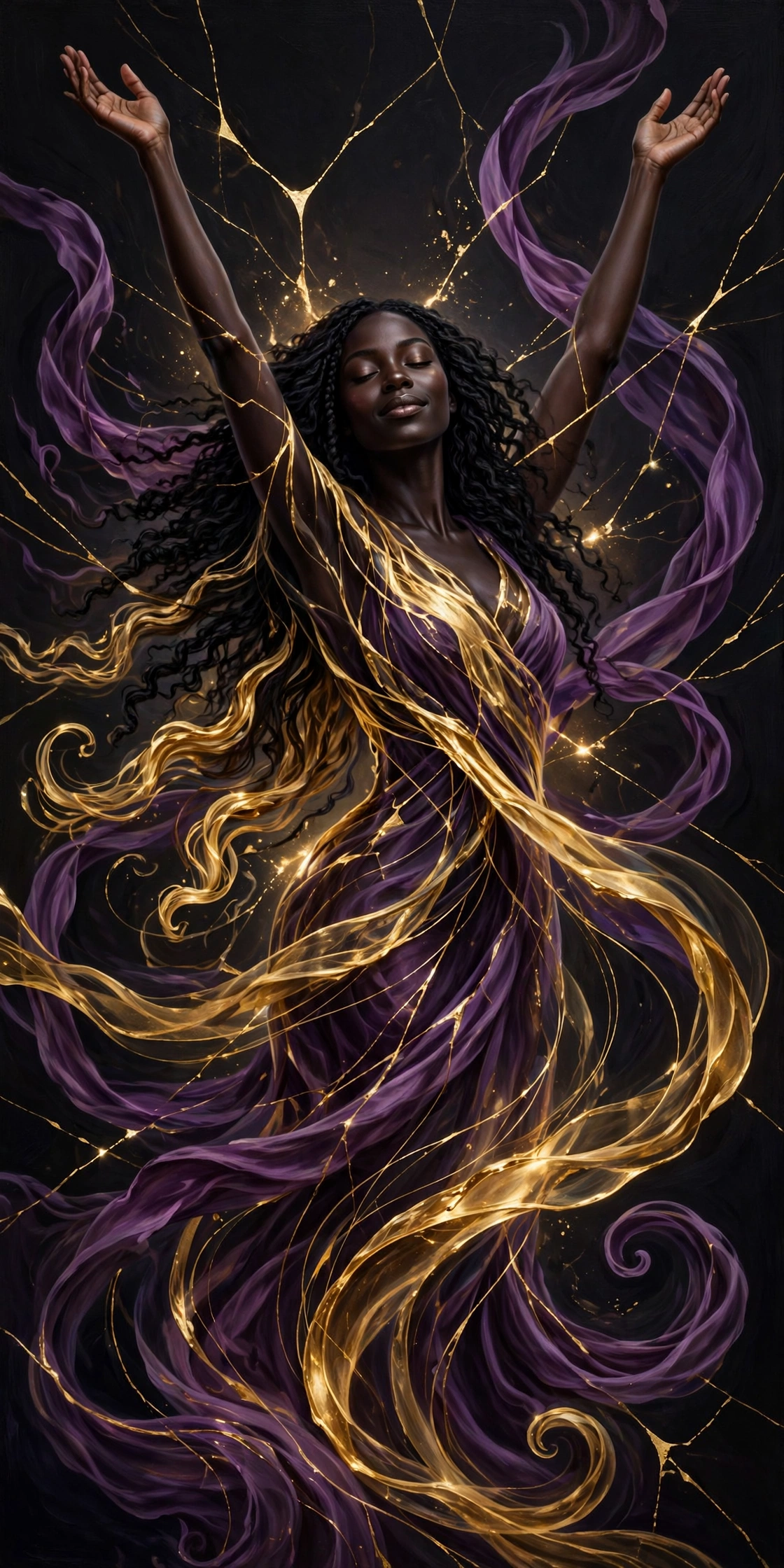 She Rises — the SAREN motif: a woman rising, wrapped in amethyst silk and gold kintsugi thread