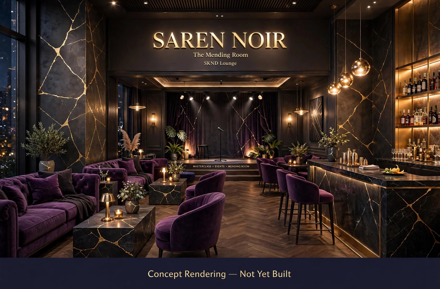 Concept rendering of the planned SAREN NOIR lounge interior: gold signage reading SAREN NOIR, The Mending Room, SKND Lounge above a small stage, deep-purple velvet seating, a black marble bar with gold kintsugi seams and warm pendant lighting