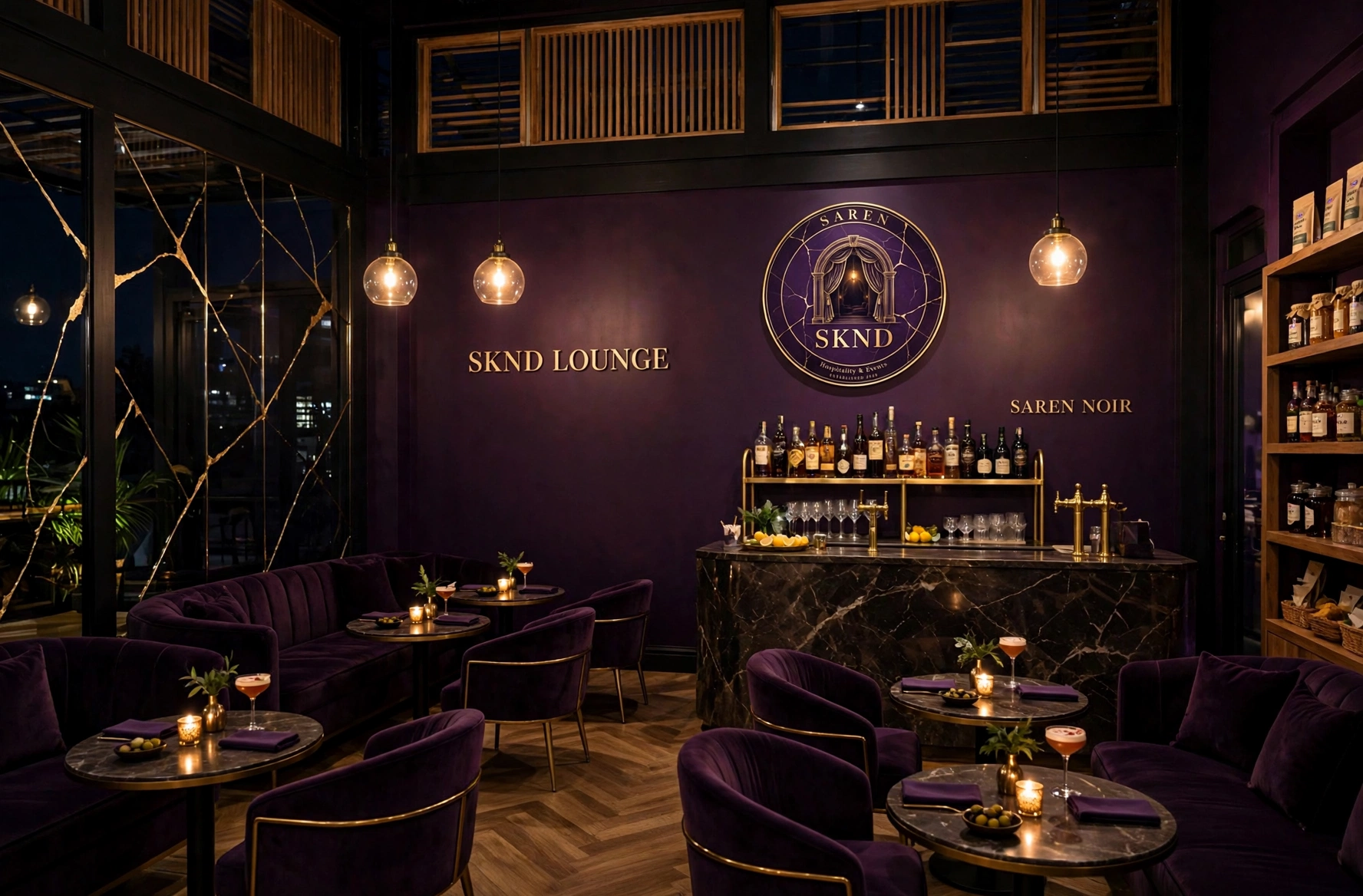 Concept rendering of the SKND Lounge — SAREN NOIR interior at night: amethyst walls, the SKND seal over the bar, candlelit tables