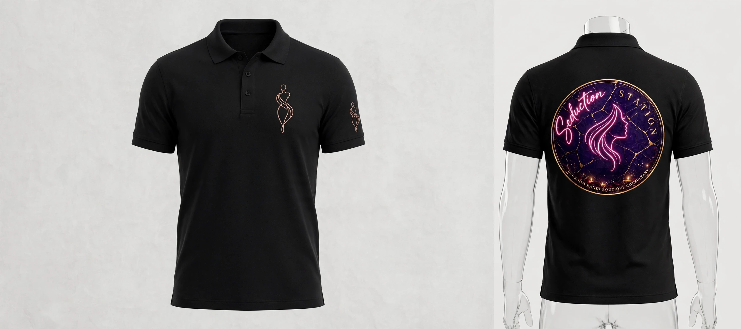 Final black Seduction Station retail polo concept showing a small rose-gold emblem on the left chest and sleeve and the full badge on the back