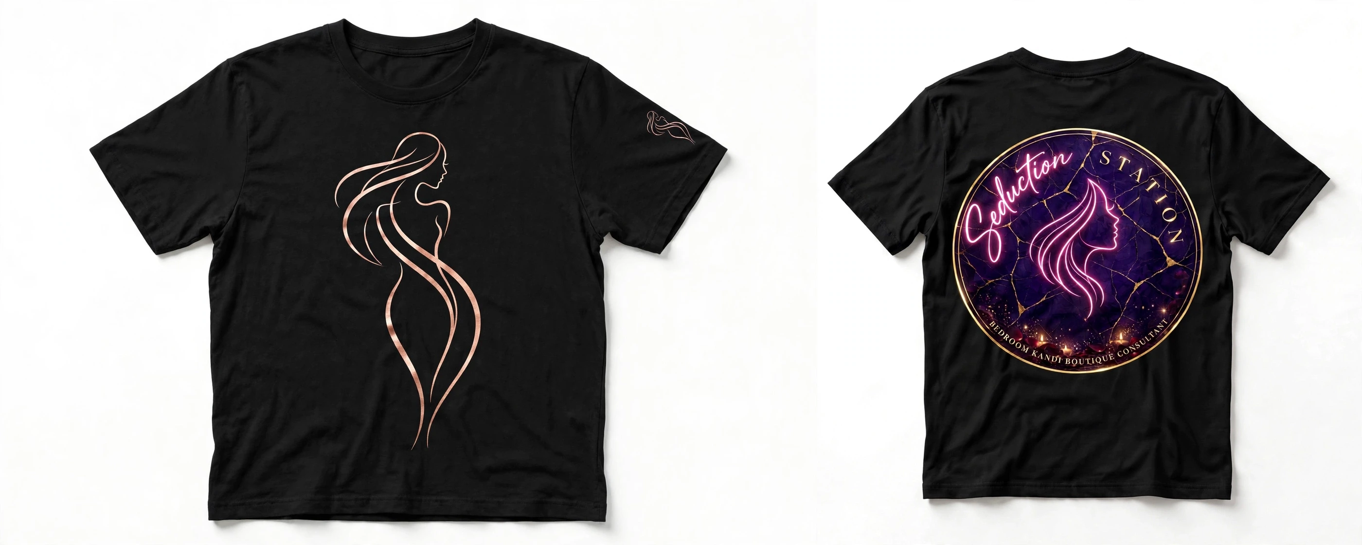 Final black Seduction Station crew-neck tee concept showing the rose-gold emblem on the front and sleeve and the full badge on the back