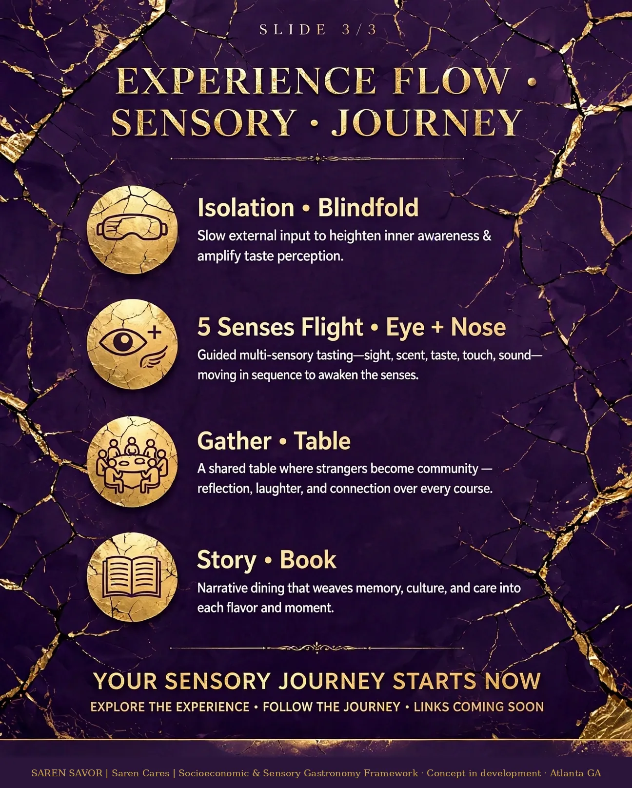 Purple and gold experience flow for the Guyana Blindfold sensory journey