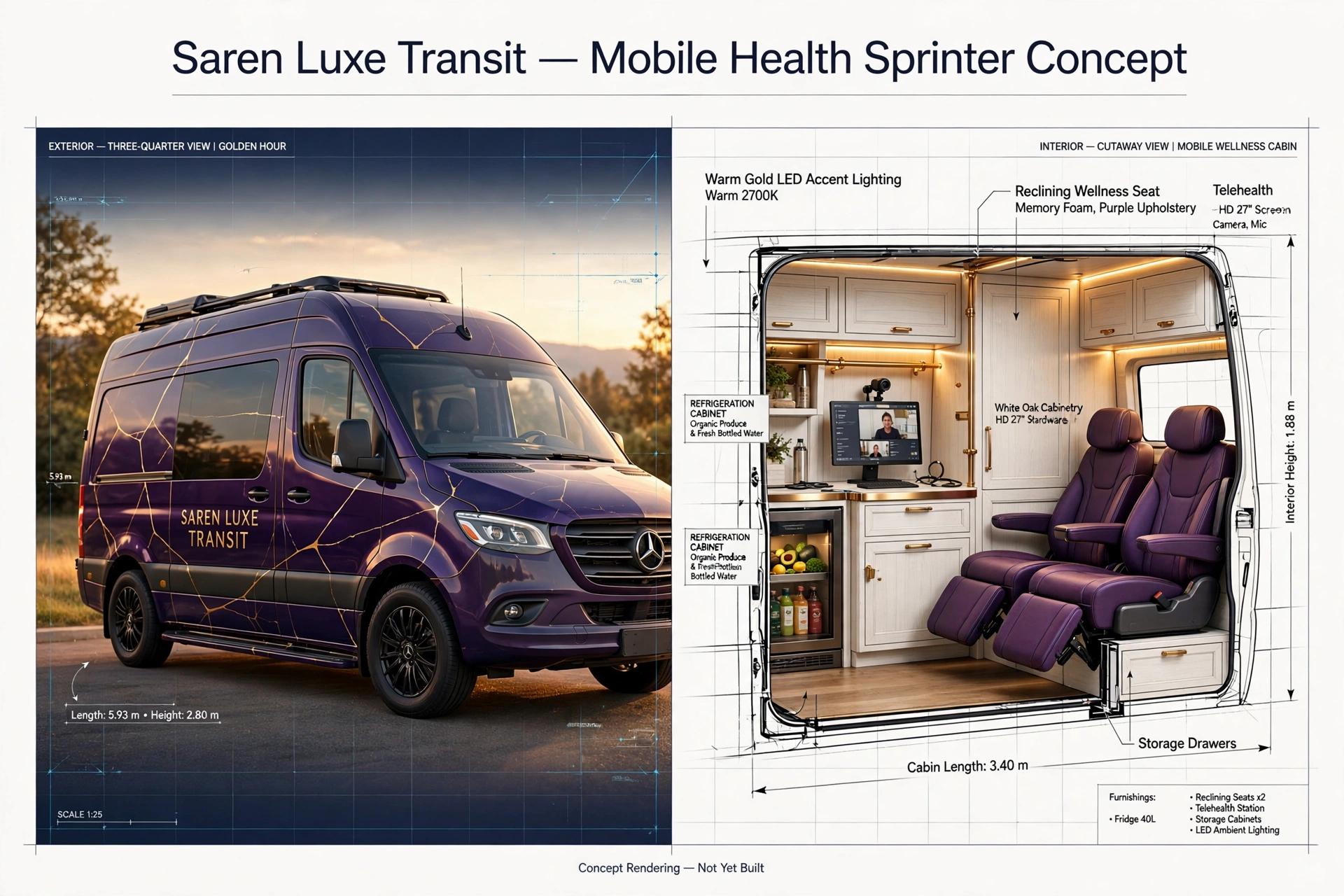 Exterior and interior concept views of a purple and gold SAREN VOIE mobile-health Sprinter