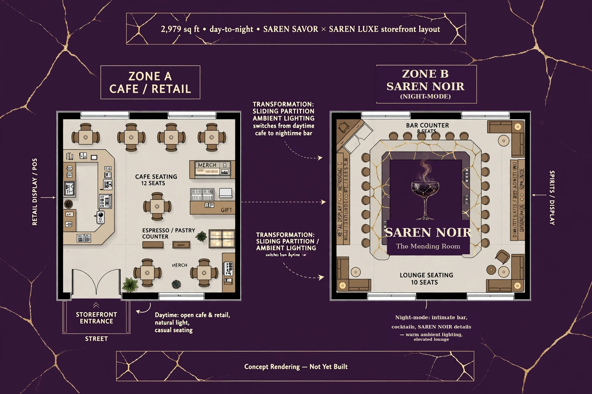 Architectural floor plan of the planned Maison Saren storefront (Saren Studios division): SAREN SAVOR café and retail by day, SAREN NOIR lounge by night